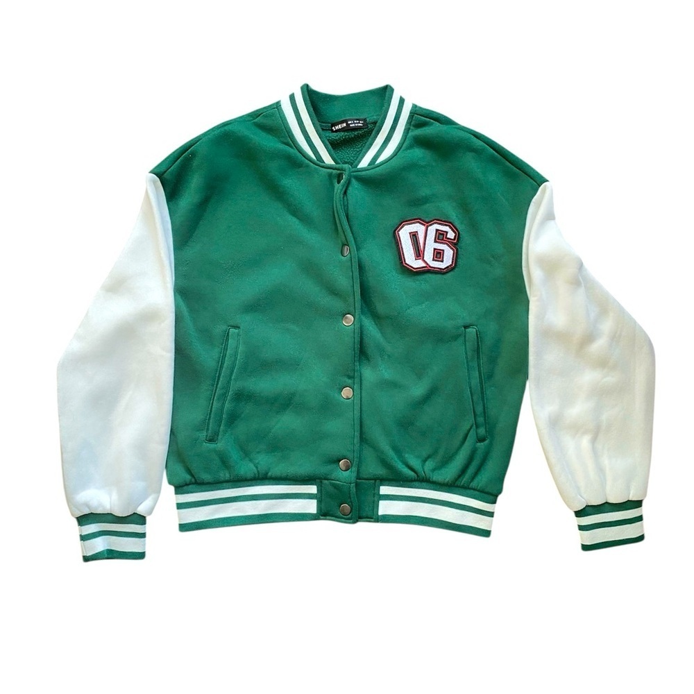 2/$15 SHEIN Green and White Varsity Jacket Size Small